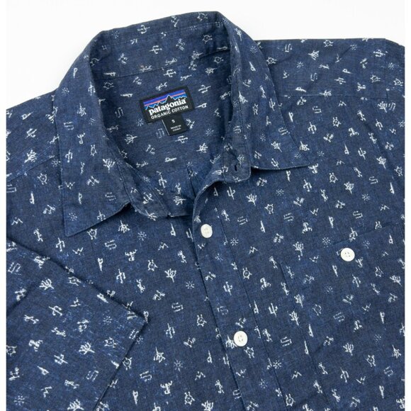 Patagonia Go To Shirt Men's Small Blue Hieroglyphics Cactus Button-Up 52691 - Picture 1 of 14